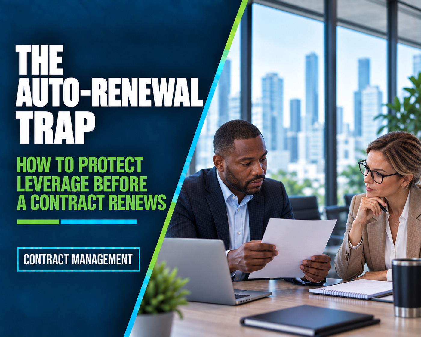 IT contract renewal article graphic showing executives reviewing technology contract terms and renewal risk.