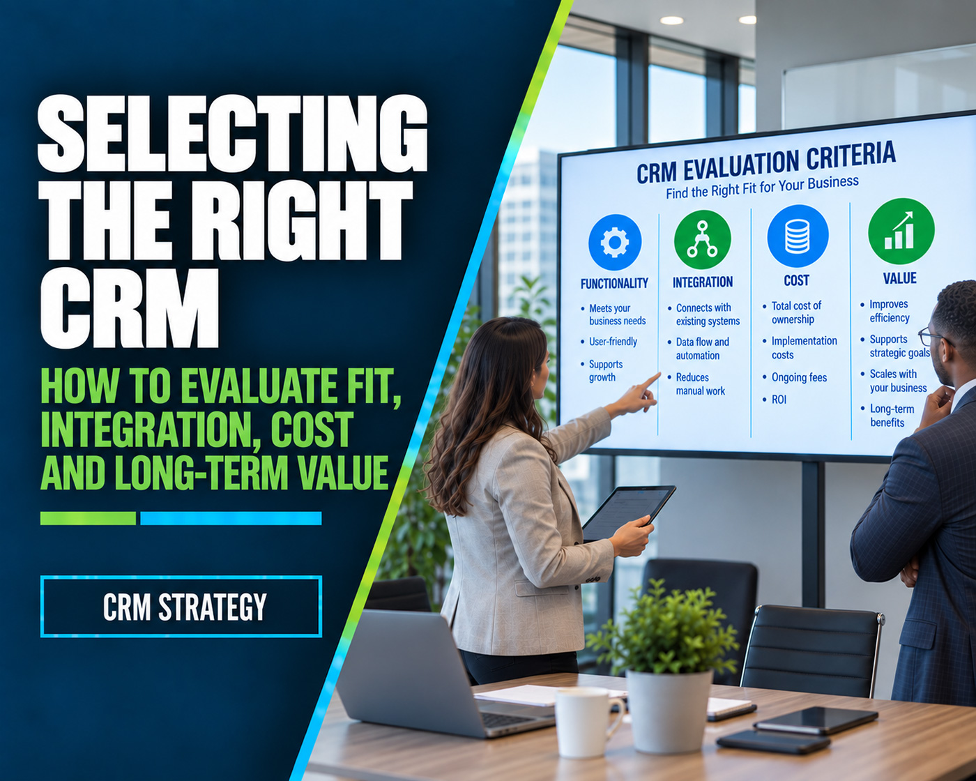 CRM software selection article graphic showing business and technology leaders evaluating customer relationship management platforms.