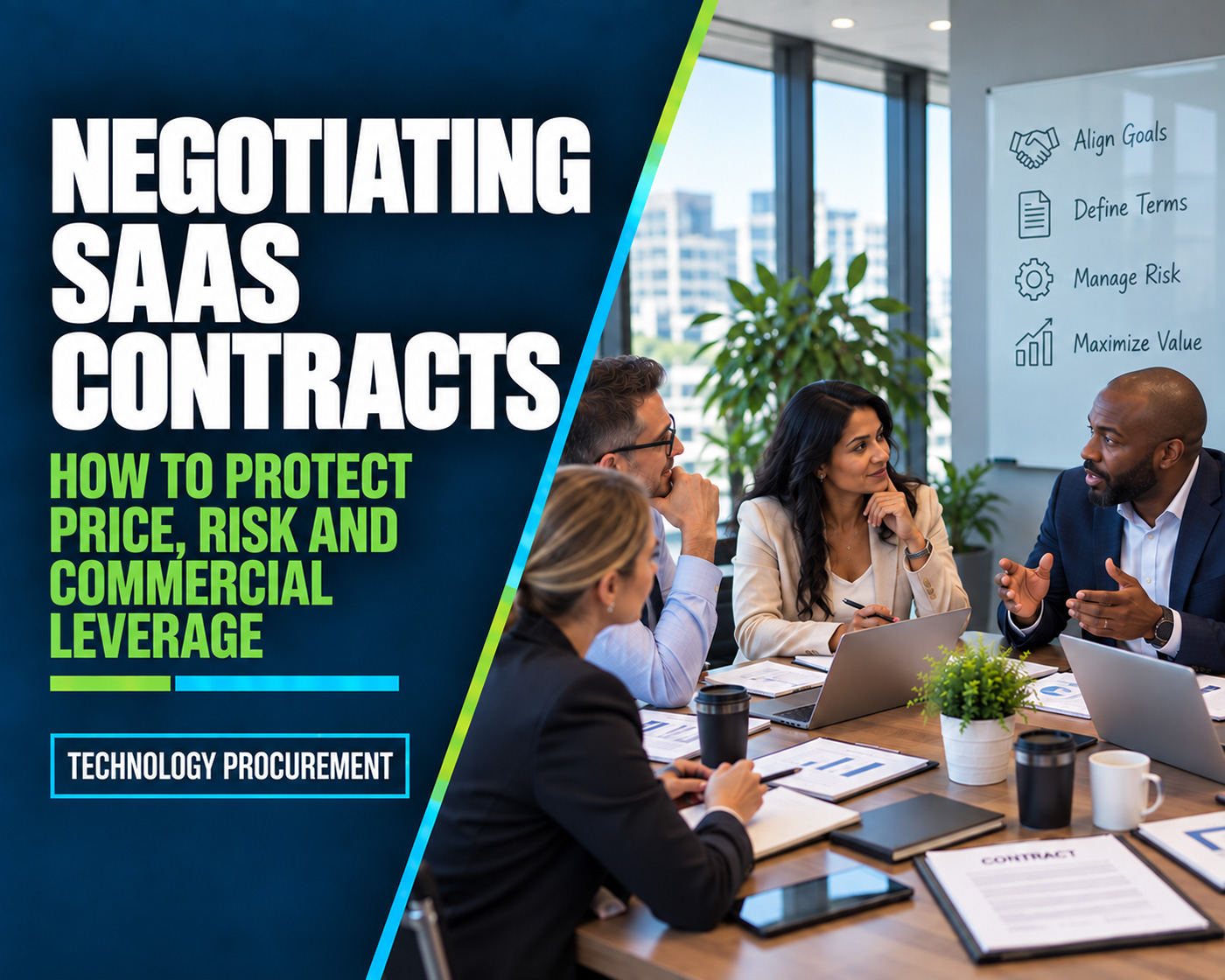 SaaS contract negotiation article graphic showing executives reviewing software pricing, risk and contract terms.