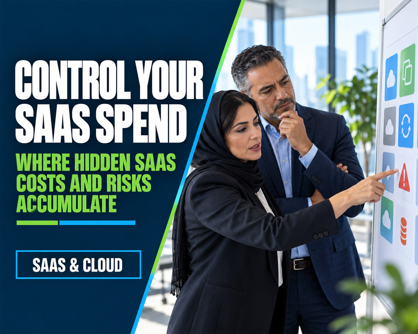 SaaS spend optimization article graphic showing executives reviewing software costs and technology portfolio decisions.