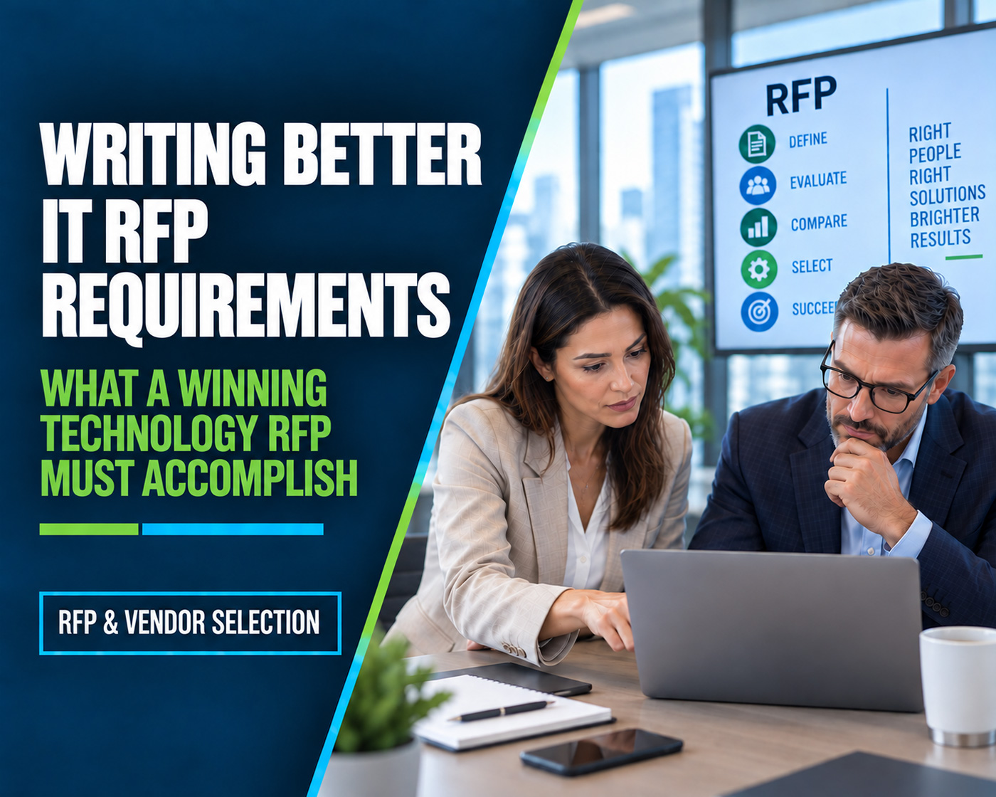 Technology RFP requirements article graphic showing executives defining business and technology requirements.