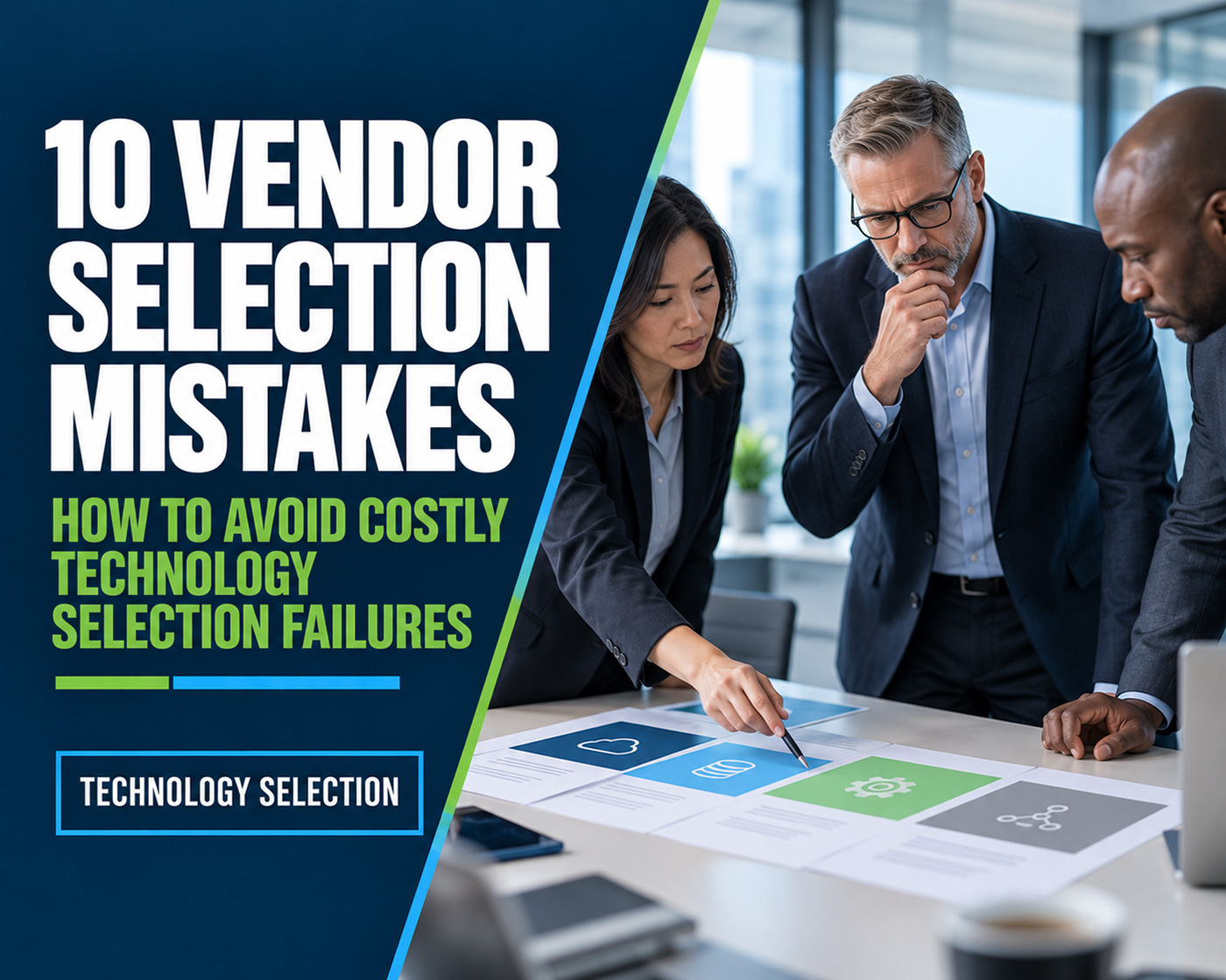 Technology vendor selection article graphic showing executives evaluating supplier risks before making a software decision.