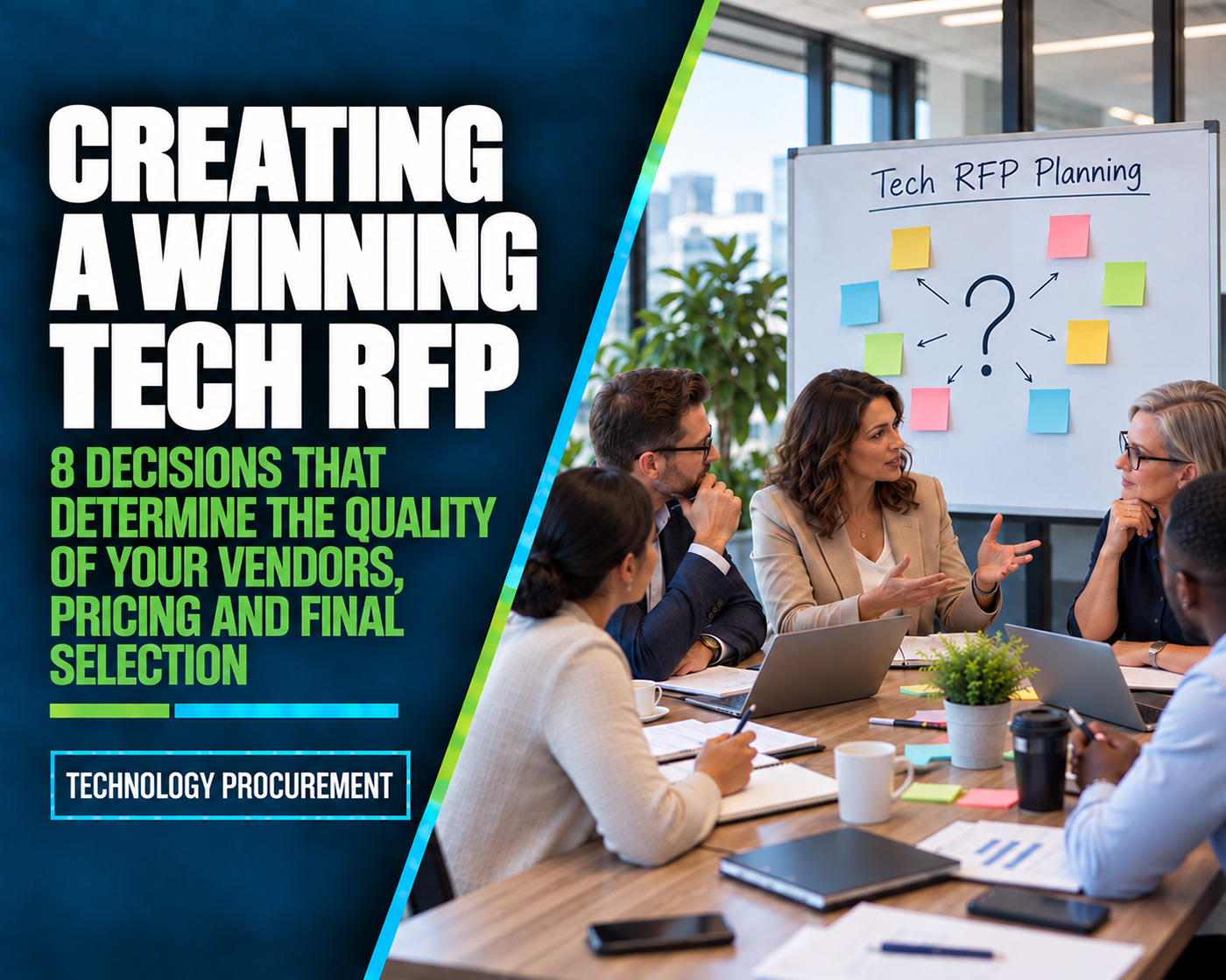 Technology RFP article graphic showing executives defining requirements and planning a competitive technology selection.